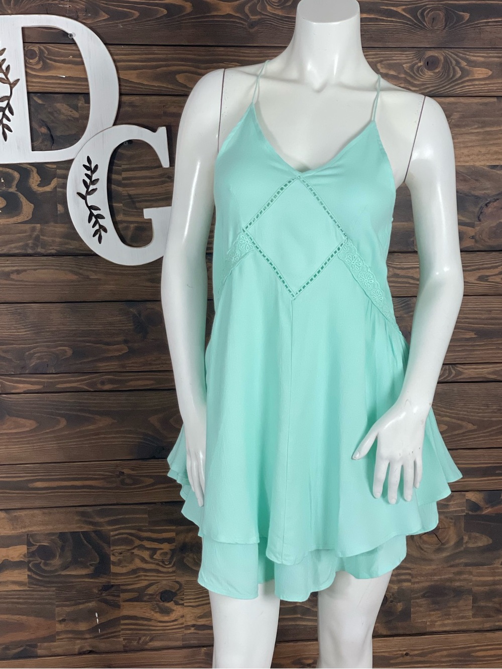 Altar'd State Light Aqua Spaghetti Strap Tiered Slip Dress Crochet Lace Diamond